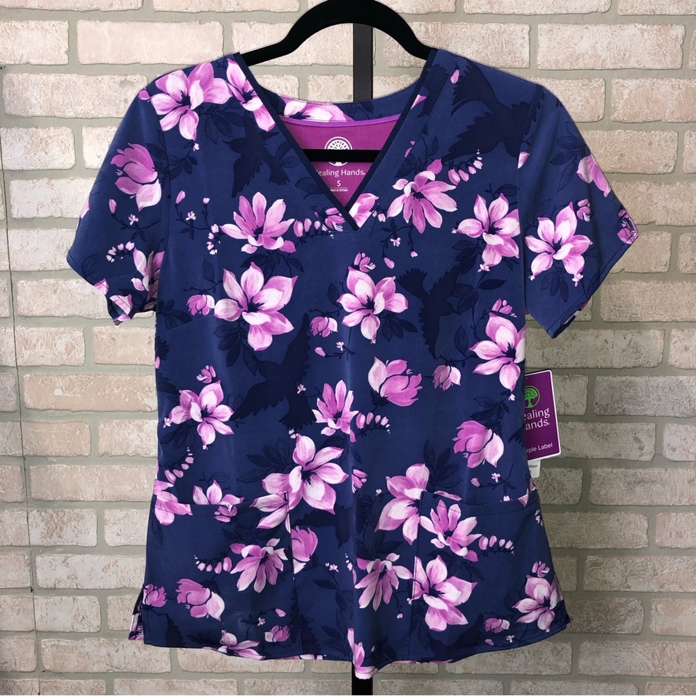 Healing Hands Purple Label Grosgrain Ribbon V-Neck purple floral pattern scrub